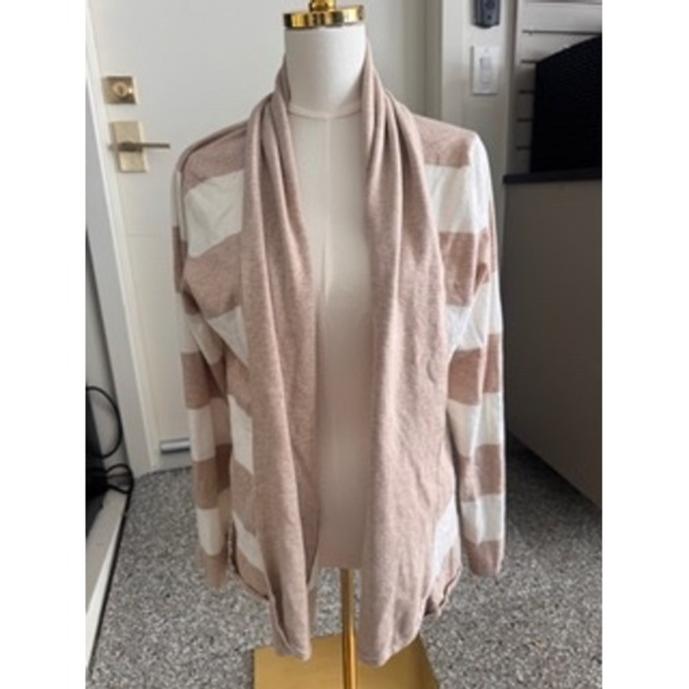 Cyrus Women Tan White Striped Open Front Draped Shawl Collar Cardigan Sweater XL